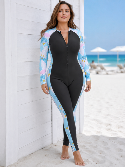 Floral Full-Sleeve Zip-Up Swimsuit For Plus Size