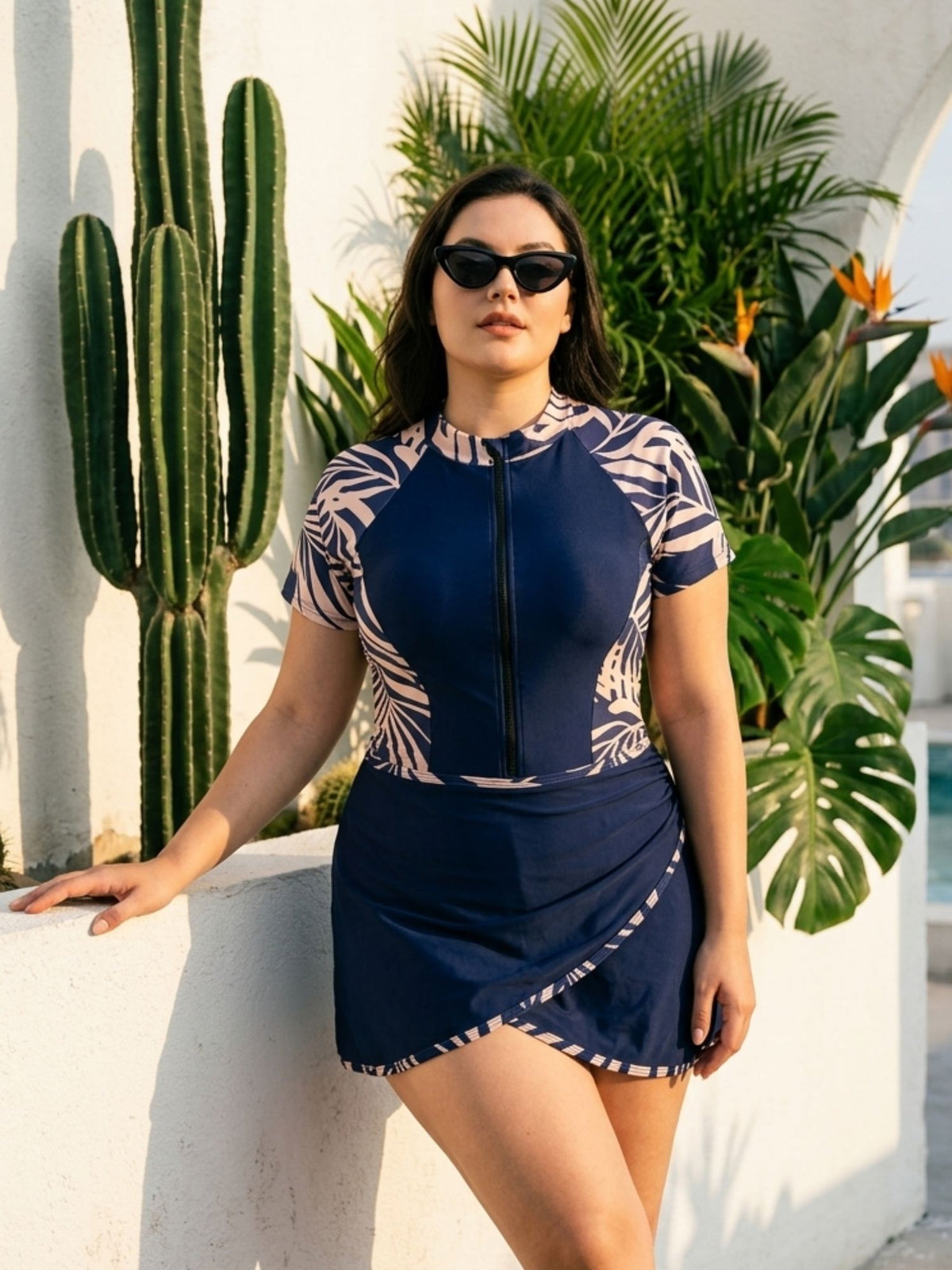 Navy Tropical Zip-Front Short Sleeve Swimdress