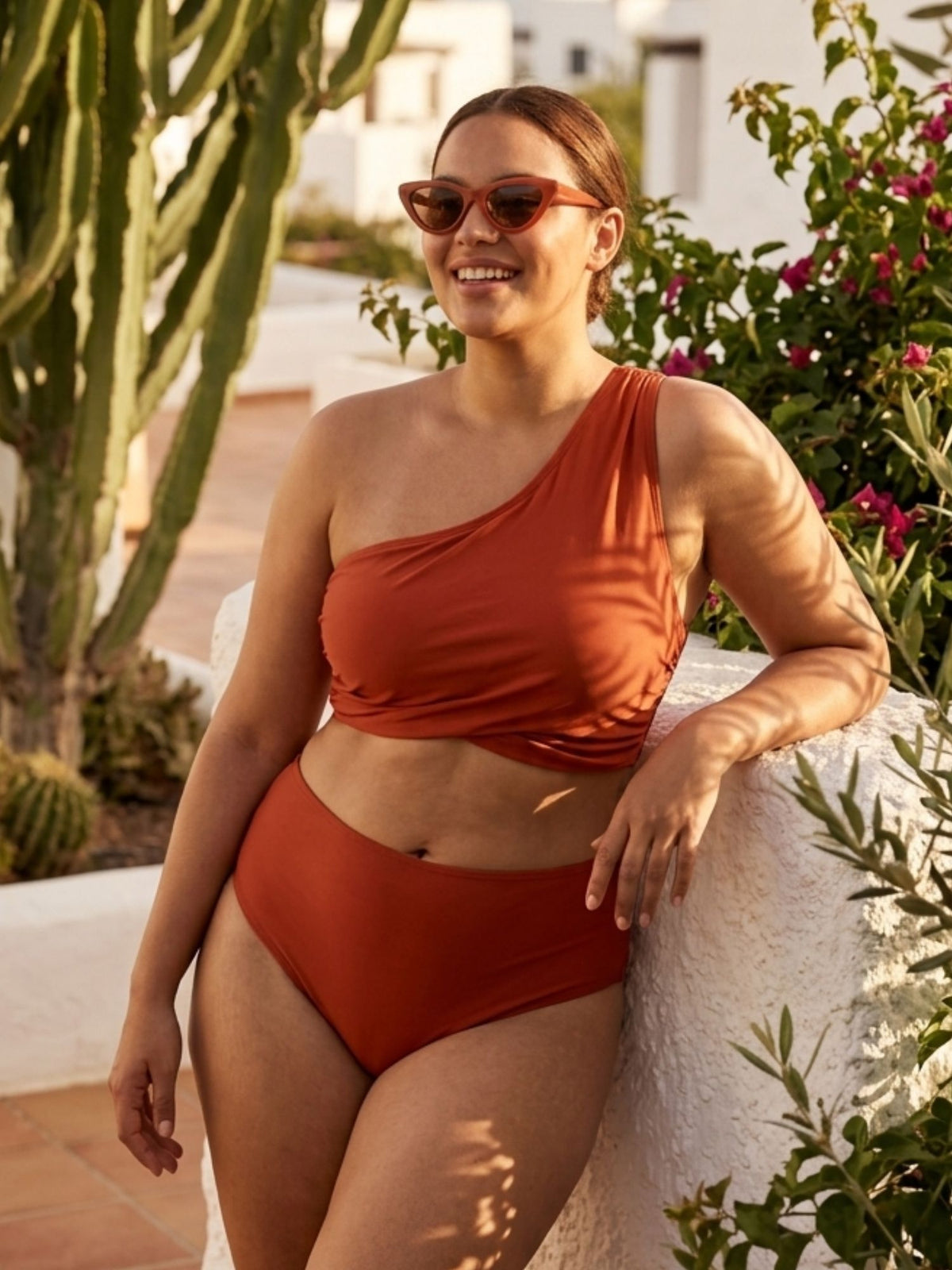 Rustic Sun One-Shoulder Ruched Mini Skirt Bikini Set