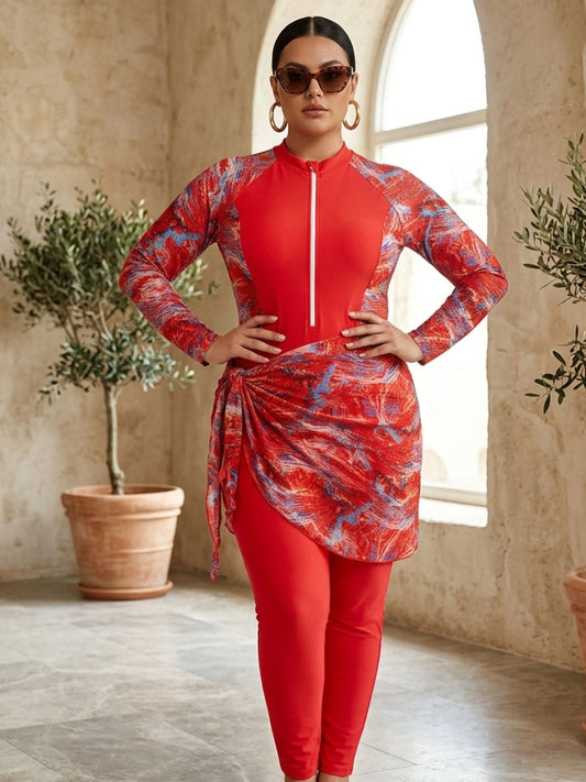 Coral Sunset Zip-Front Long-Sleeve Rashguard Swimsuit Set