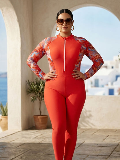 Coral Sunset Zip-Front Long-Sleeve Rashguard Swimsuit Set