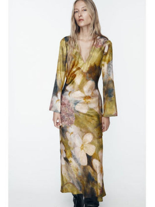 Multi Floral Long V-Neck Dress