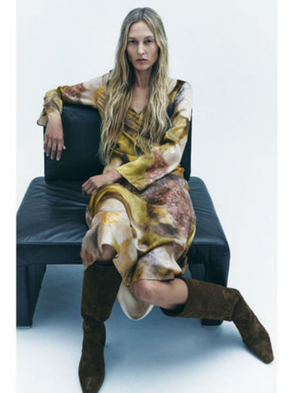 Multi Floral Long V-Neck Dress