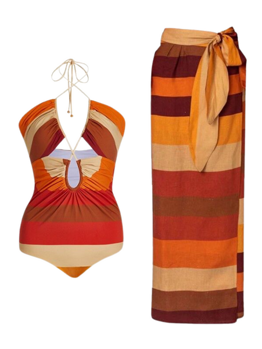 Vintage Colorblock Halter Neck Swimsuit
