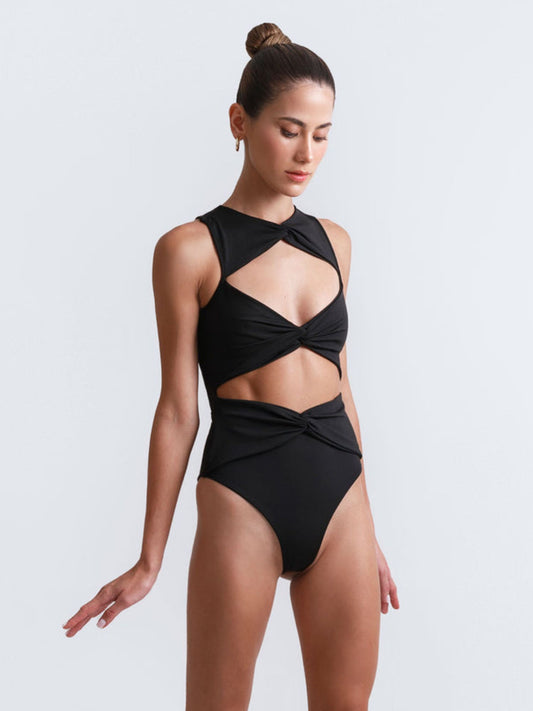 Twist Cutout High-Neck Black Swimsuit