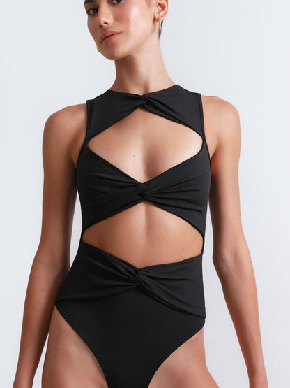 Twist Cutout High-Neck Black Swimsuit