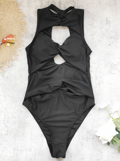 Twist Cutout High-Neck Black Swimsuit