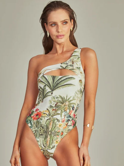 Tropical Mirage One-Shoulder Swimsuit & Ruffle Sarong Set