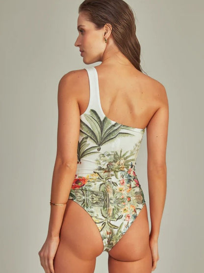 Tropical Mirage One-Shoulder Swimsuit & Ruffle Sarong Set