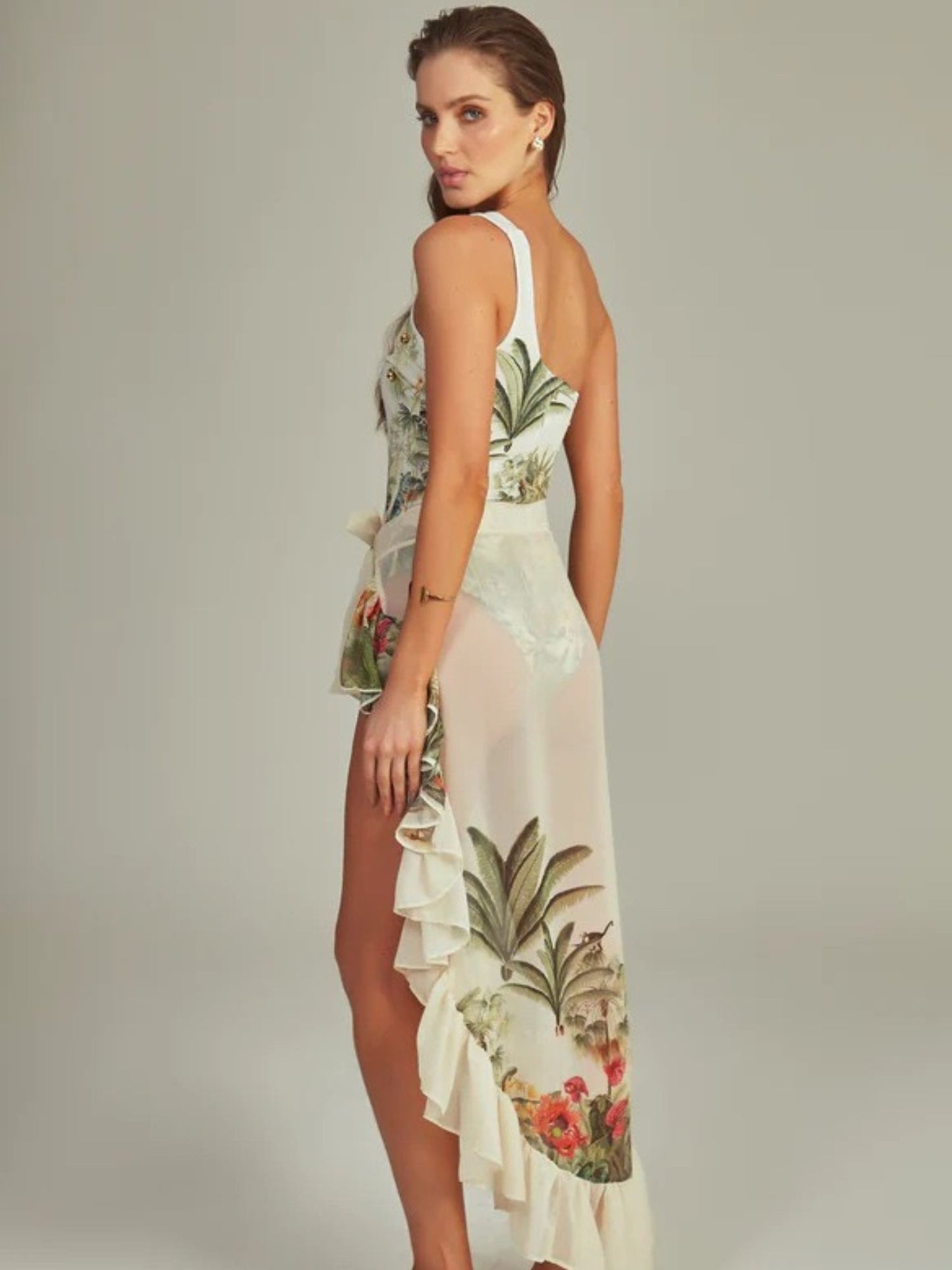 Tropical Mirage One-Shoulder Swimsuit & Ruffle Sarong Set