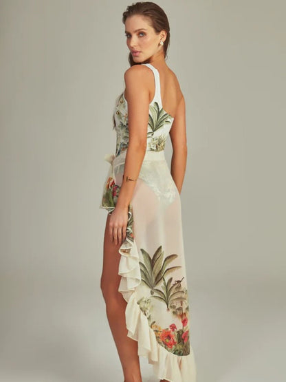 Tropical Mirage One-Shoulder Swimsuit & Ruffle Sarong Set