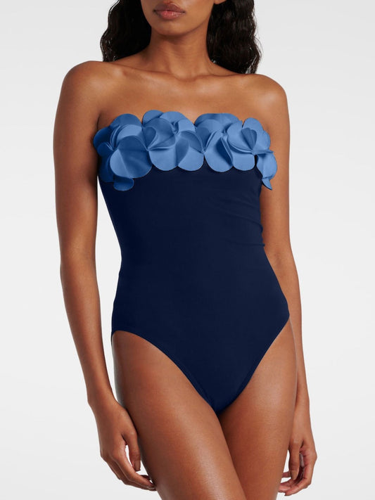 Petal Bloom Navy Strapless Swimsuit & Sarong Set