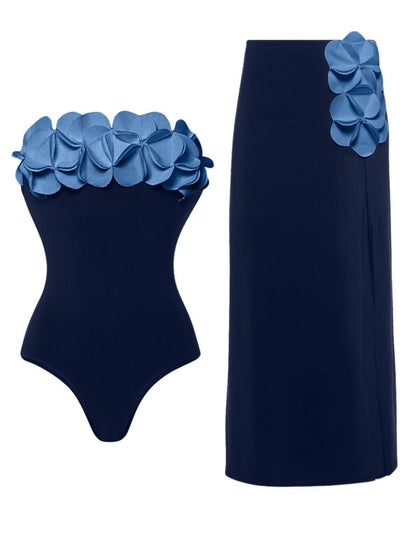 Petal Bloom Navy Strapless Swimsuit & Sarong Set