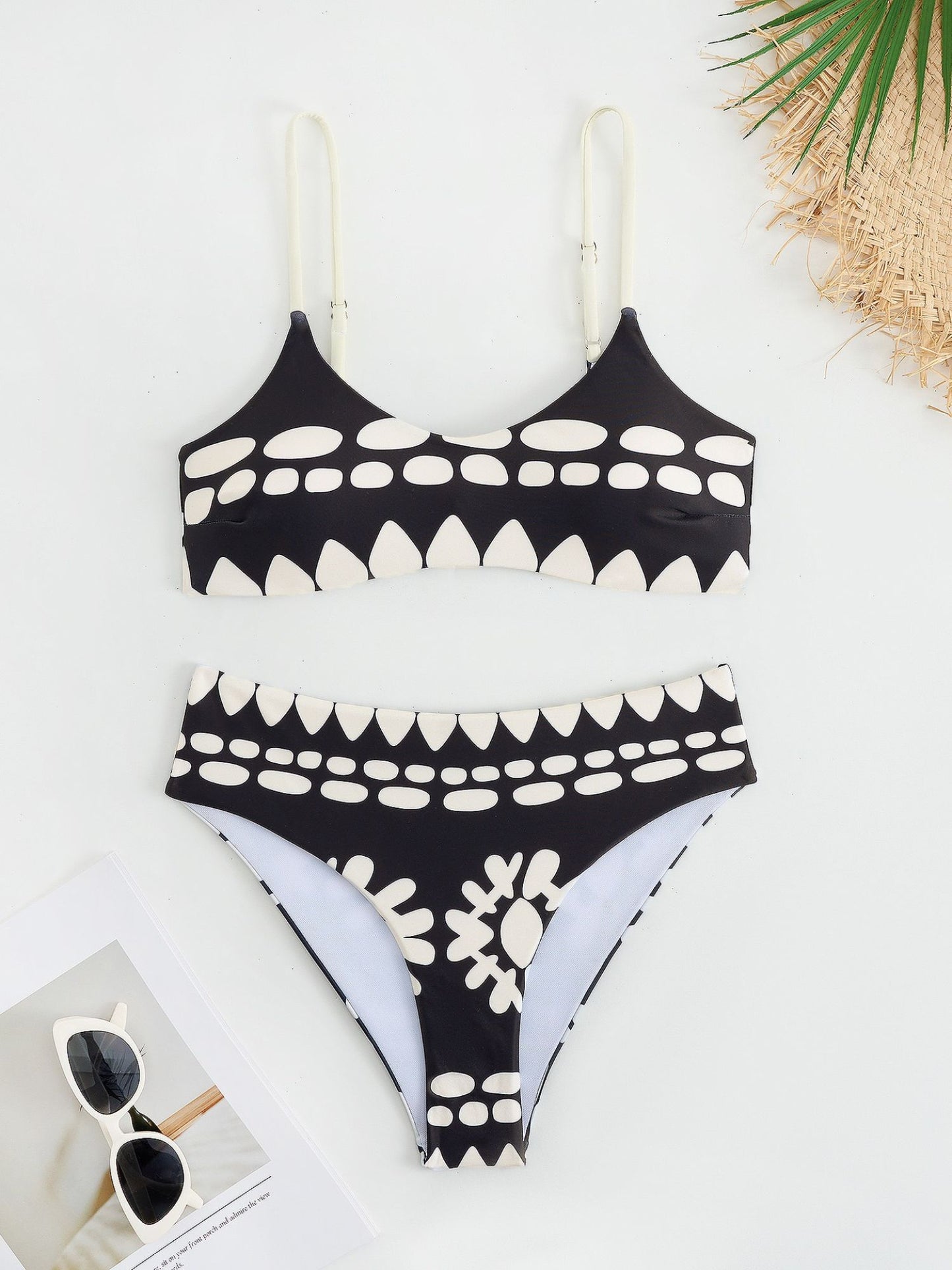 Black & White Tribal Print Bikini Set With Matching Sheer Sarong