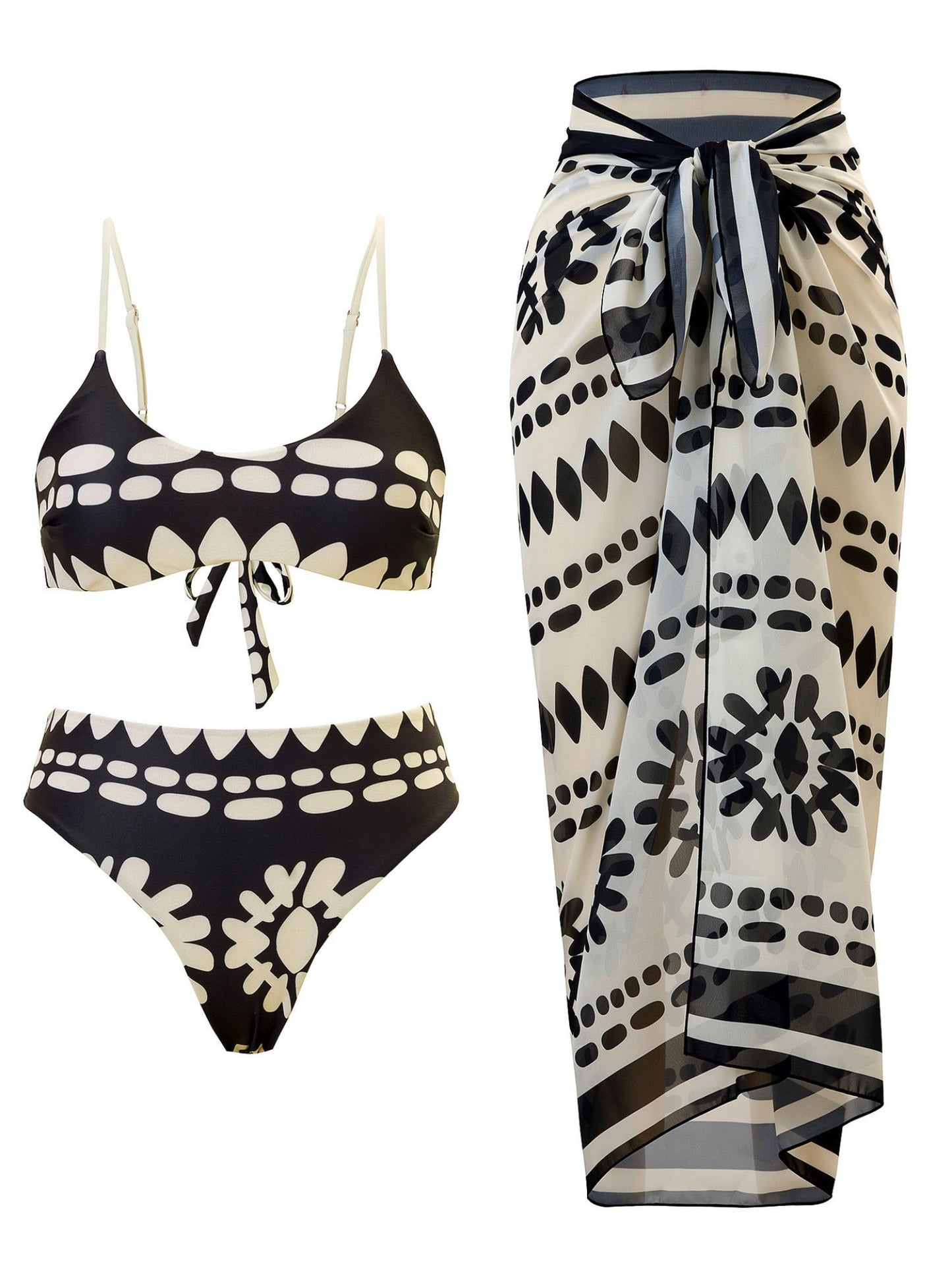 Black & White Tribal Print Bikini Set With Matching Sheer Sarong