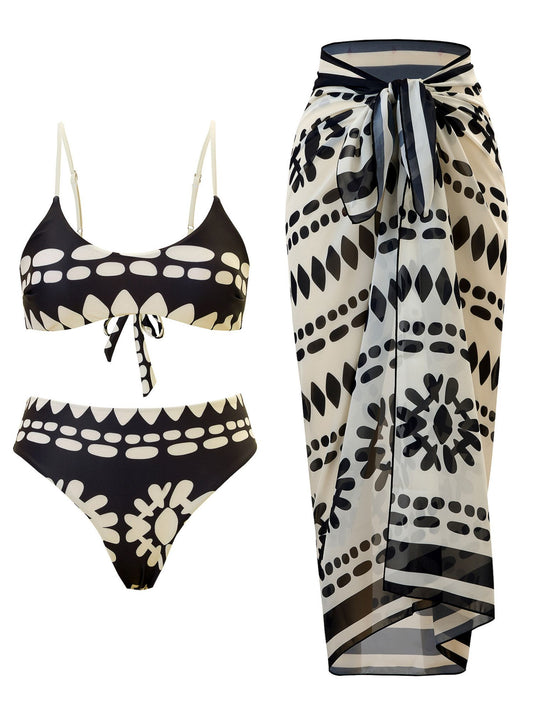 Black & White Tribal Print Bikini Set With Matching Sheer Sarong