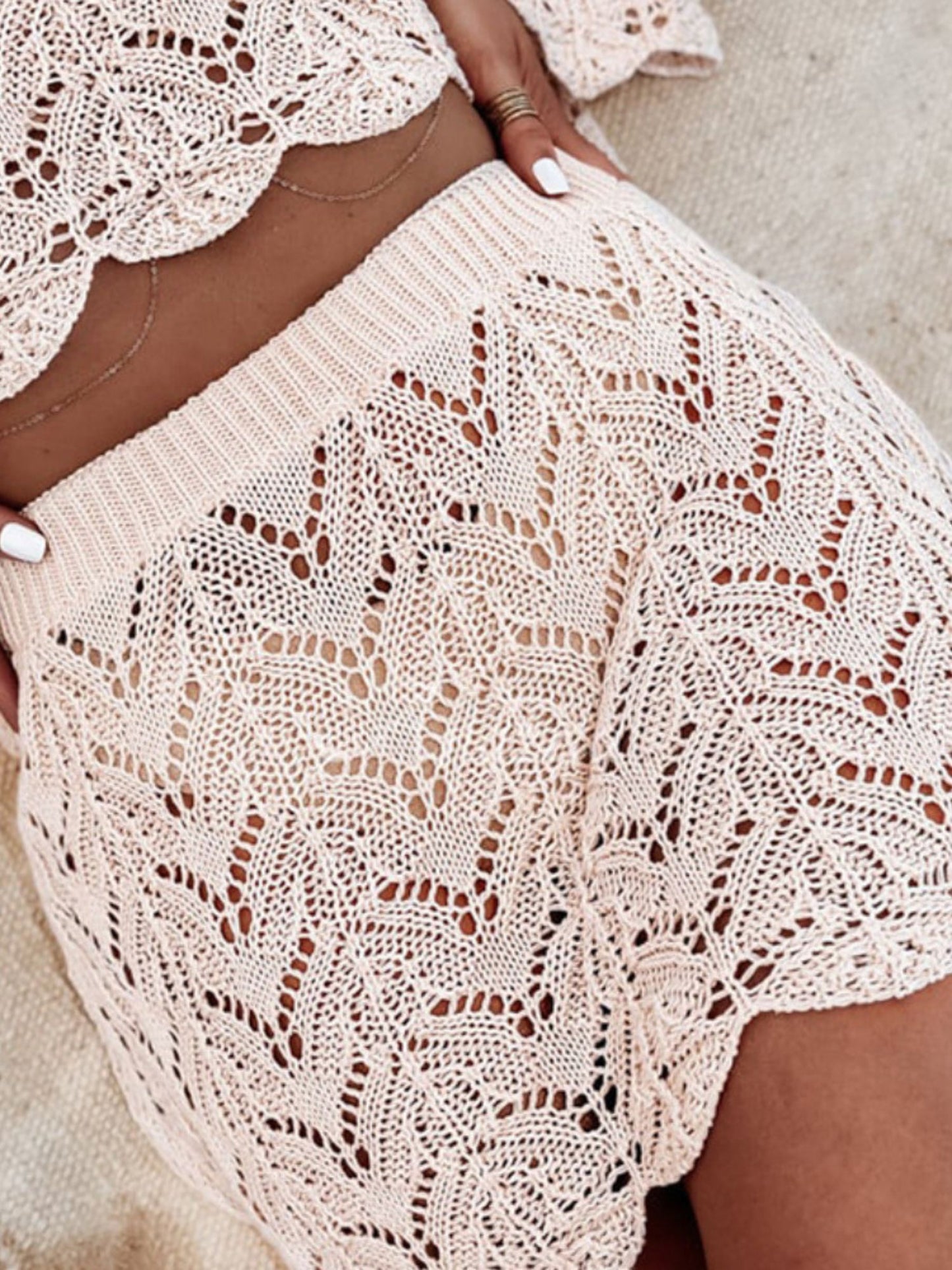 Beige Crochet Knit Beach Co-ord Set Cover-Up