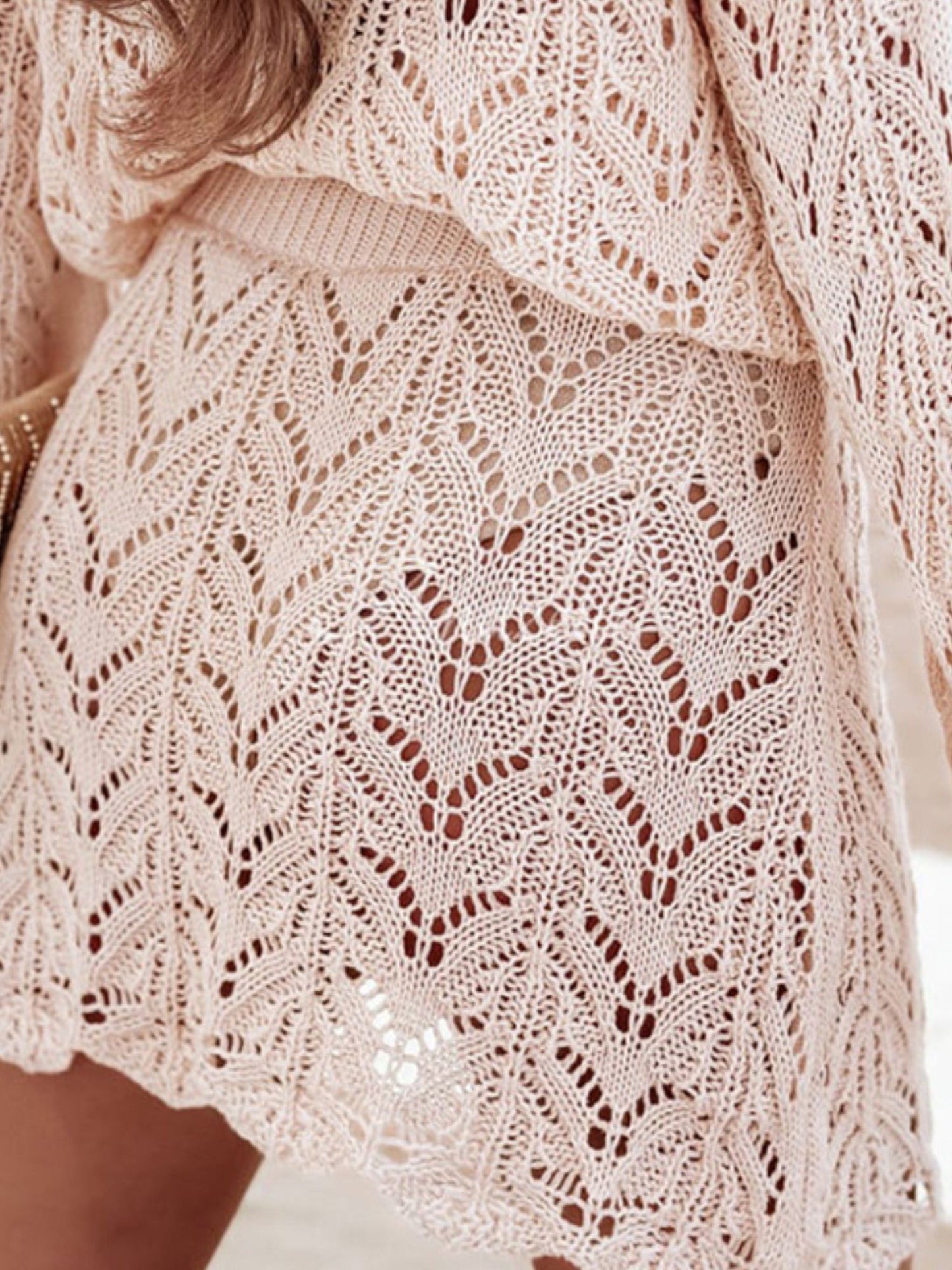 Beige Crochet Knit Beach Co-ord Set Cover-Up