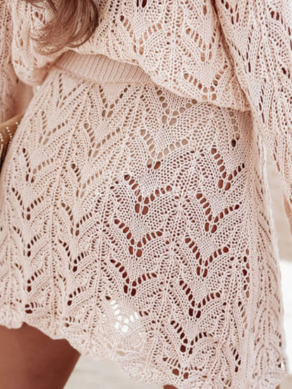 Beige Crochet Knit Beach Co-ord Set Cover-Up