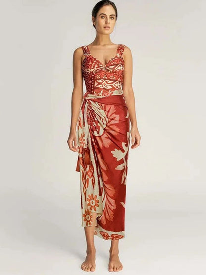 Island Bloom Ruched Swimsuit & Sarong Set