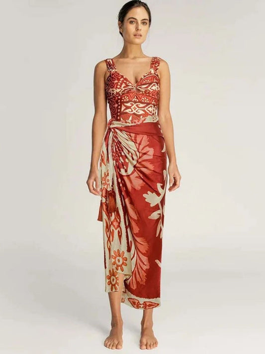 Island Bloom Ruched Swimsuit & Sarong Set
