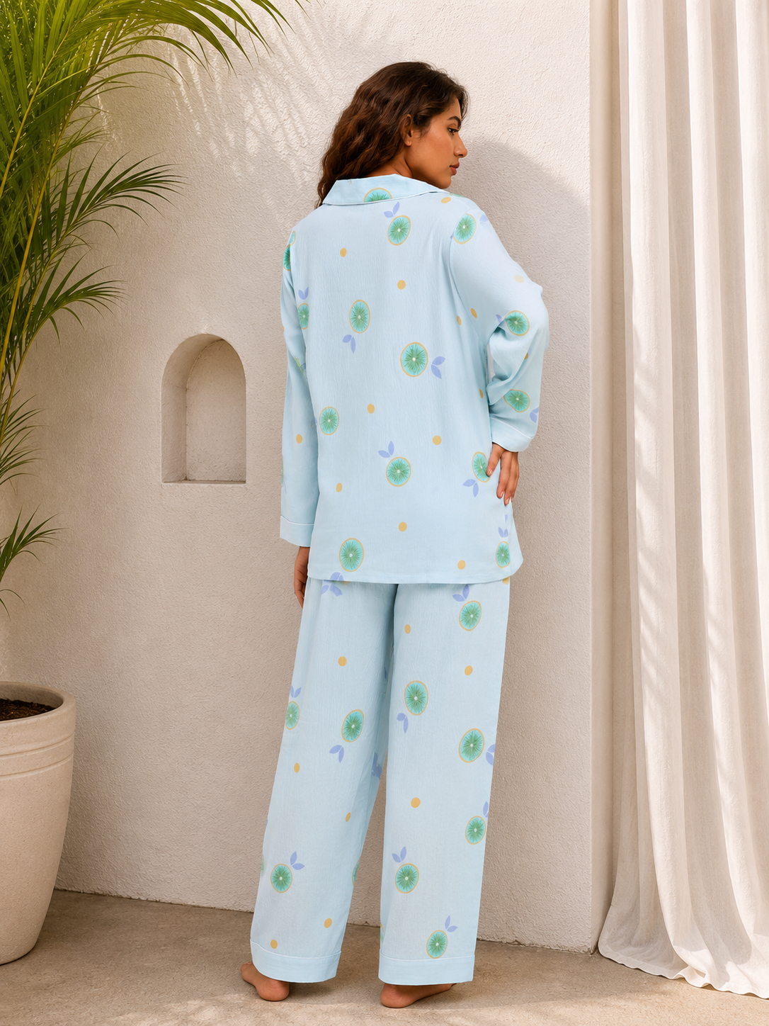 Blue Printed Full-Sleeves Loungewear Set For Women