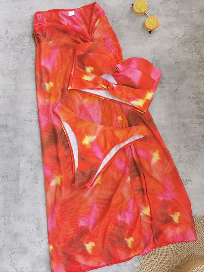 Tropical Sunset Tie-Dye Bikini Set With Sarong