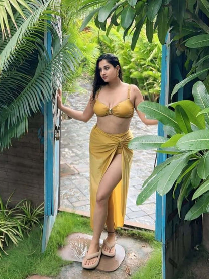 Gold 3-Piece Bikini Set With High-Waist Bottom & Draped Sarong