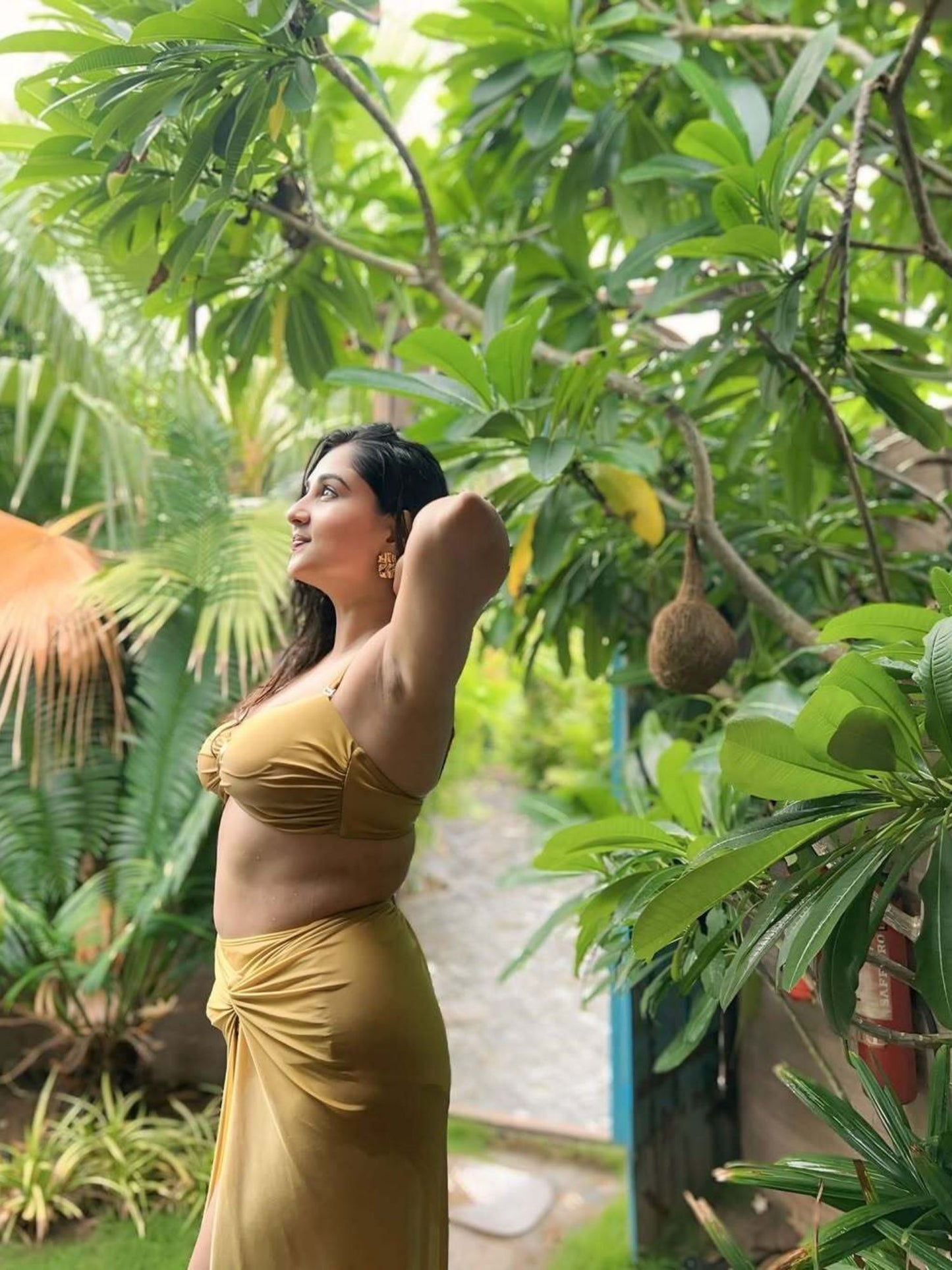 Gold 3-Piece Bikini Set With High-Waist Bottom & Draped Sarong