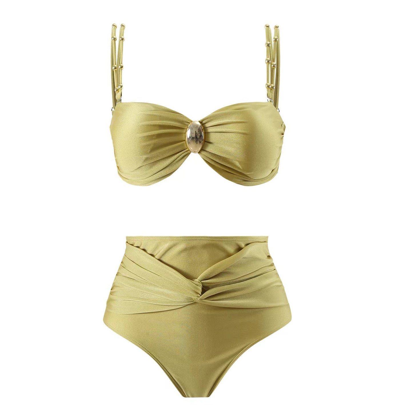 Gold 3-Piece Bikini Set With High-Waist Bottom & Draped Sarong