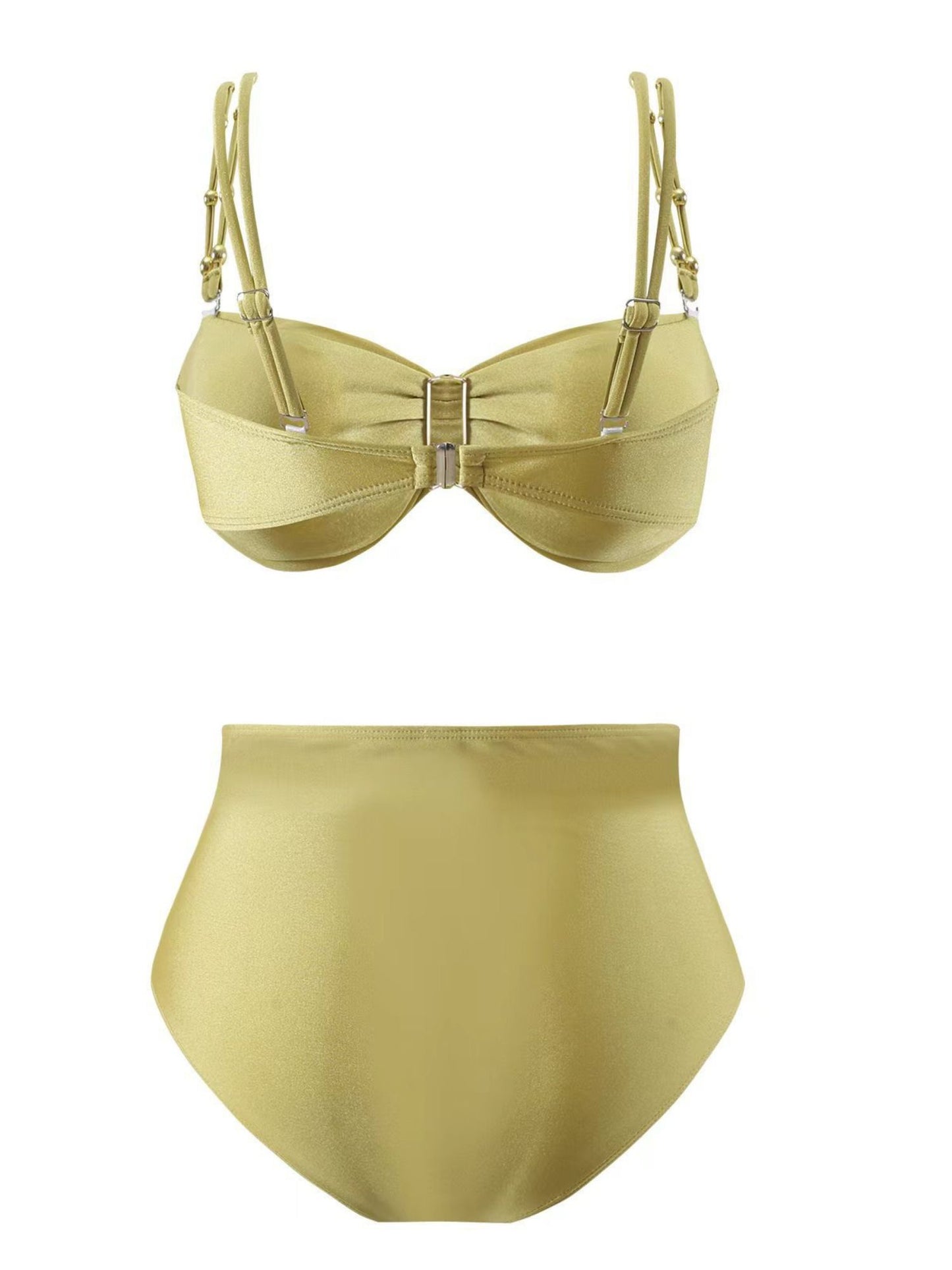 Gold 3-Piece Bikini Set With High-Waist Bottom & Draped Sarong