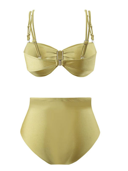 Gold 3-Piece Bikini Set With High-Waist Bottom & Draped Sarong