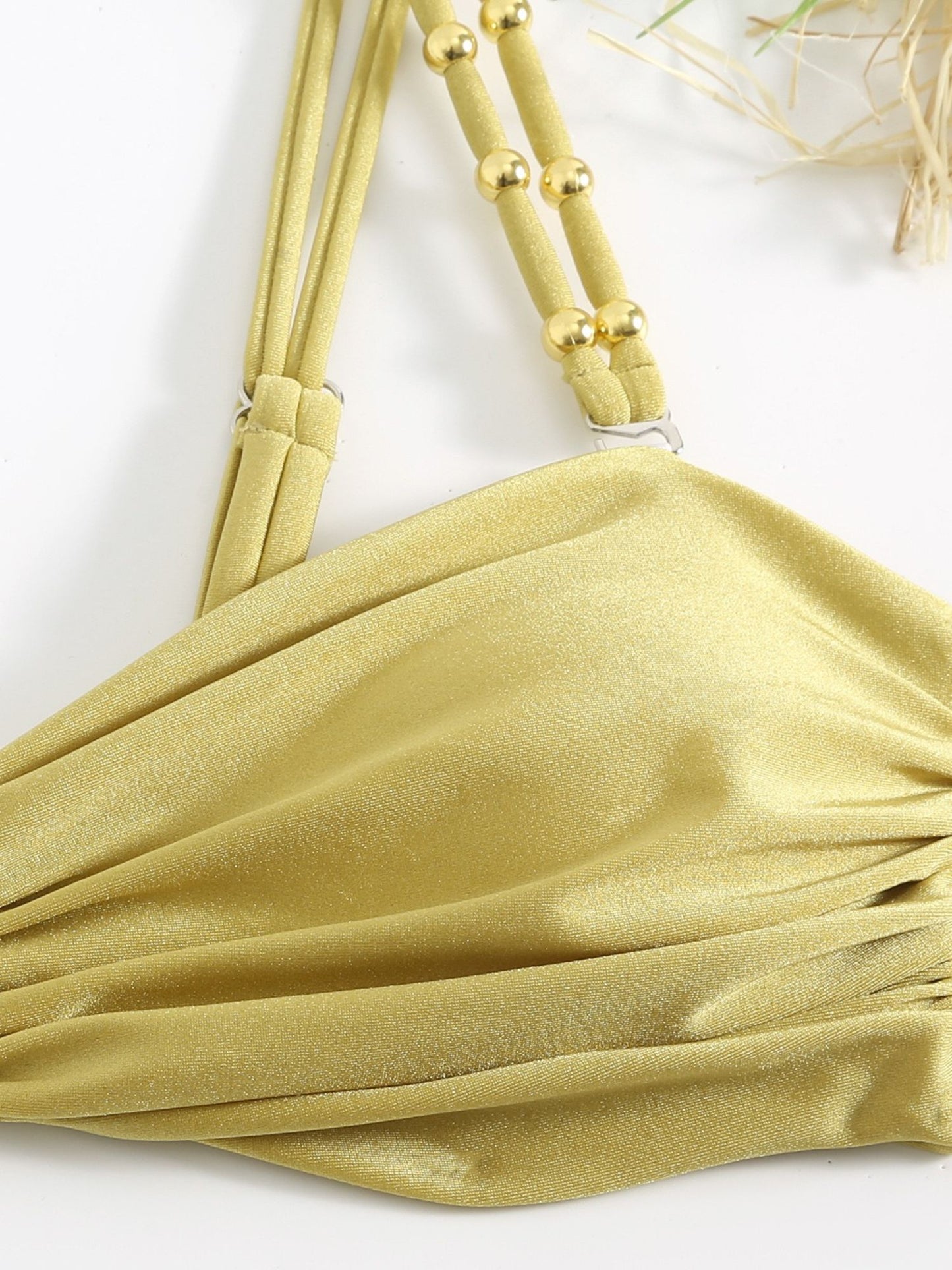 Gold 3-Piece Bikini Set With High-Waist Bottom & Draped Sarong