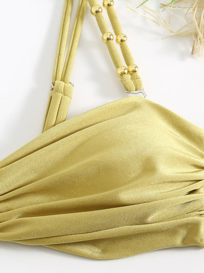 Gold 3-Piece Bikini Set With High-Waist Bottom & Draped Sarong