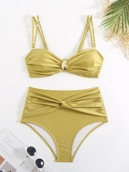 Gold 3-Piece Bikini Set With High-Waist Bottom & Draped Sarong