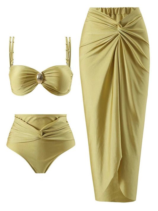 Gold 3-Piece Bikini Set With High-Waist Bottom & Draped Sarong