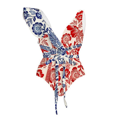 Floral Print Ruffle Monokini With Tie-Up Belt