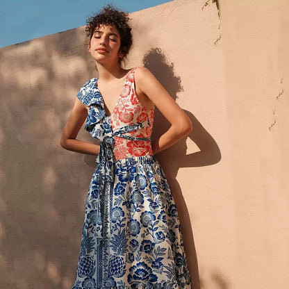 Floral Print Ruffle Monokini With Tie-Up Belt