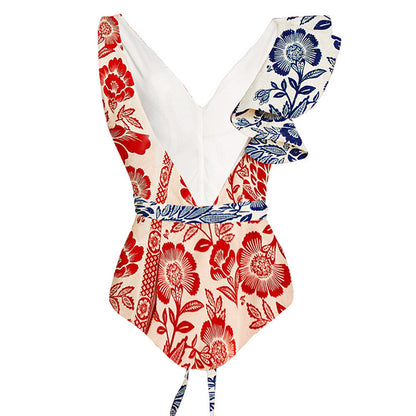 Floral Print Ruffle Monokini With Tie-Up Belt