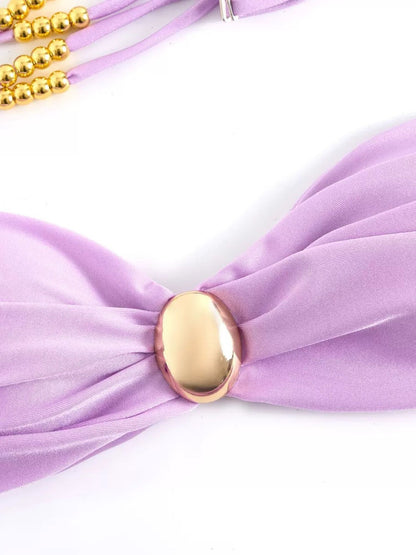 Lavender 3-Piece Bikini Set With High-Waist Bottom & Knot Detail Sarong