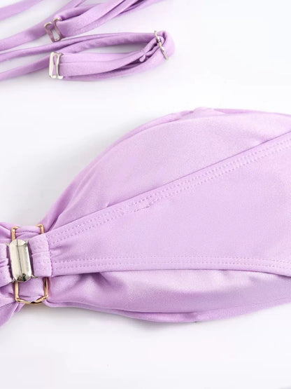 Lavender 3-Piece Bikini Set With High-Waist Bottom & Knot Detail Sarong