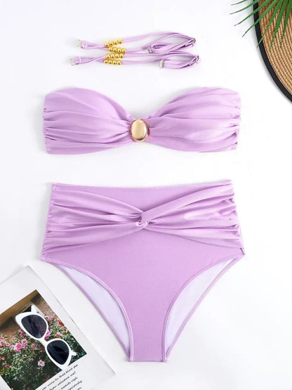 Lavender 3-Piece Bikini Set With High-Waist Bottom & Knot Detail Sarong