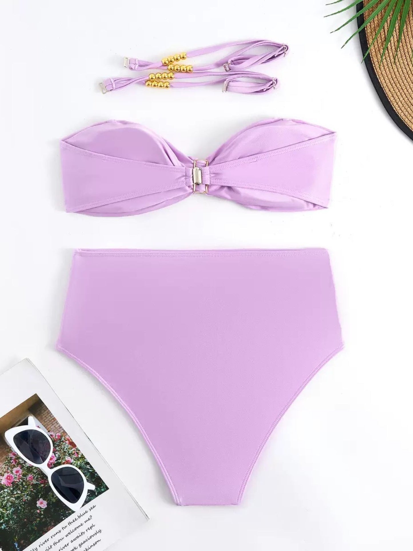 Lavender 3-Piece Bikini Set With High-Waist Bottom & Knot Detail Sarong