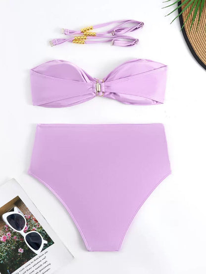 Lavender 3-Piece Bikini Set With High-Waist Bottom & Knot Detail Sarong