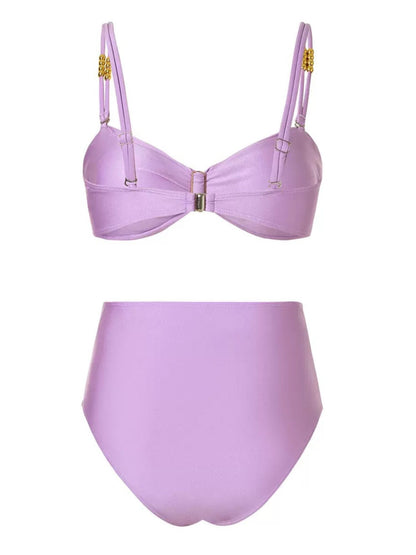 Lavender 3-Piece Bikini Set With High-Waist Bottom & Knot Detail Sarong