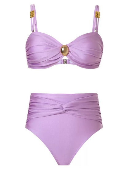 Lavender 3-Piece Bikini Set With High-Waist Bottom & Knot Detail Sarong