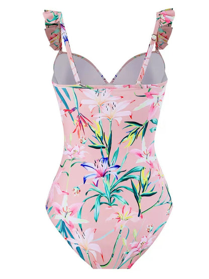 Pink Tropical Floral One-Piece Swimsuit With Ruffle Straps & Matching Tie-Knot Sarong