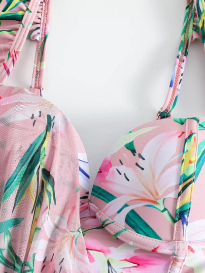 Pink Tropical Floral One-Piece Swimsuit With Ruffle Straps & Matching Tie-Knot Sarong
