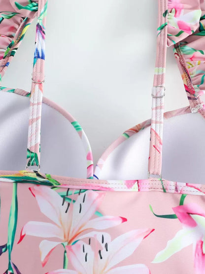 Pink Tropical Floral One-Piece Swimsuit With Ruffle Straps & Matching Tie-Knot Sarong