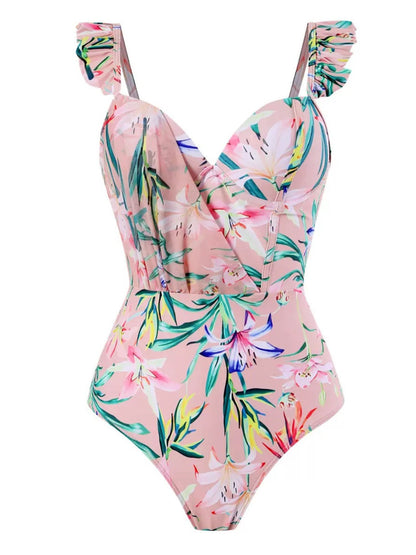 Pink Tropical Floral One-Piece Swimsuit With Ruffle Straps & Matching Tie-Knot Sarong